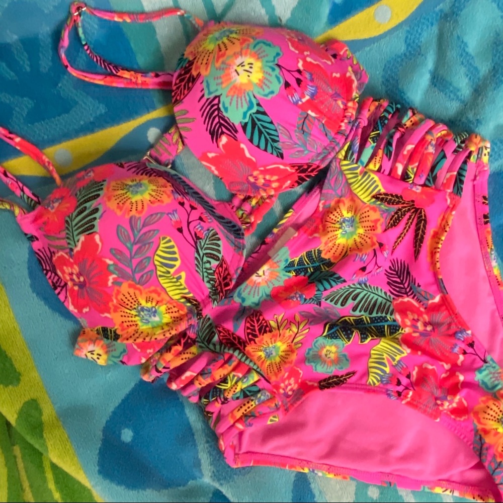 Tropical high waisted cutout bikini